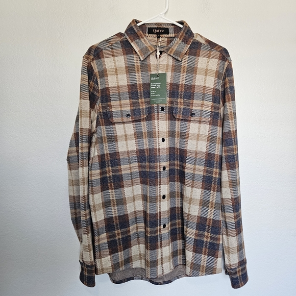 NWT Quince | Plaid Stretch Soft Fleece Button Up Shirt Brown, Mens Medium - Picture 2 of 6